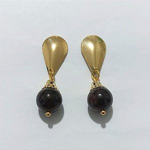 BRINCO FOLHEADO A OURO - BANHADO COM 5 MILÉSIMOS + VERNIZ DIAMOND - BRINCO DE PINO BASE GOTA E PINGENTE EM PEDRA NATURAL 35MM - OURO1315