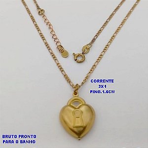 GARGANTILHA NO BRUTO PRONTO PARA O BANHO(CX178) - COM CORRENTE TREIS POR UM COM 45CM+EXTENSOR COM PINGENTE DE CORAÇÃO- PINGENTE TAMANHO: 1.5MM - PESO TOTAL 4.4GR - BRU25457