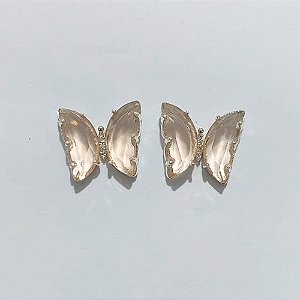 BRINCO FOLHEADO A PRATA COM 50 MILÉSIMOS + VERNIZ DIAMOND - BRINCO DE PINO BORBOLETA COM VIDRO SALMÃO 19MM - PRA991