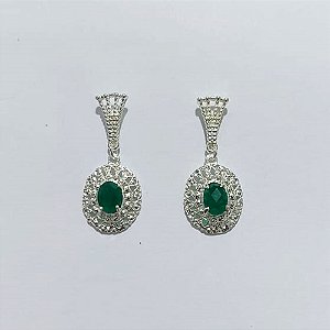 BRINCO FOLHEADO A PRATA COM 50 MILÉSIMOS + VERNIZ DIAMOND - BRINCO DE PINO BASE VAZADA E PINGENTE FLOR COM ZIRCÔNIA VERDE 20MM - PRA997