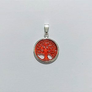 PINGENTE FOLHEADO A PRATA COM 50 MILÉSIMOS + VERNIZ DIAMOND - PINGENTE REDONDO COM ÁRVORE DA VIDA VERMELHA 18MM - PRA998