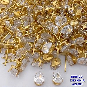 BRINCO NO BRUTO PRONTO PARA O BANHO(pote)- BRINCO TRADICIONAL DE PINO COM PEDRA DE ZIRCONIA DE 6X8MM -(GOTA) - PESO 1GR - BRU25645