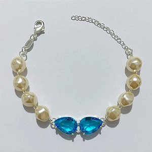 PULSEIRA FOLHEADA A PRATA COM 50 MILÉSIMOS + VERNIZ DIAMOND - PULSEIRA COM PÉROLAS E ZIRCÔNIAS AZUIS - TAMANHO: 15CM + EXTENSOR - PRA999