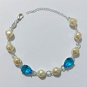 PULSEIRA FOLHEADA A PRATA COM 50 MILÉSIMOS + VERNIZ DIAMOND - PULSEIRA COM PÉROLAS E ZIRCÔNIAS AZUIS - TAMANHO: 18CM + EXTENSOR - PRA1000