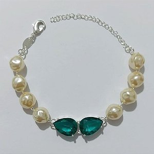 PULSEIRA FOLHEADA A PRATA COM 50 MILÉSIMOS + VERNIZ DIAMOND - PULSEIRA COM PÉROLAS E ZIRCÔNIAS VERDES - TAMANHO: 15CM + EXTENSOR - PRA1001