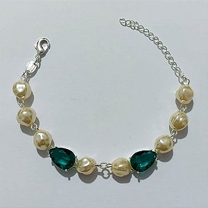 PULSEIRA FOLHEADA A PRATA COM 50 MILÉSIMOS + VERNIZ DIAMOND - PULSEIRA COM PÉROLAS E ZIRCÔNIAS VERDES - TAMANHO: 15CM + EXTENSOR - PRA1002