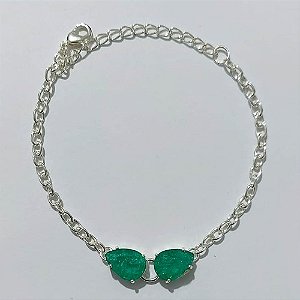 PULSEIRA FOLHEADA A PRATA COM 50 MILÉSIMOS + VERNIZ DIAMOND - PULSEIRA COM ZIRCÔNIAS VERDES - TAMANHO: 19CM + EXTENSOR - PRA1003