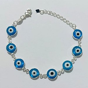 PULSEIRA FOLHEADA A PRATA COM 50 MILÉSIMOS + VERNIZ DIAMOND - PULSEIRA COM OLHOS GREGOS - TAMANHO: 16CM + EXTENSOR - PRA1005