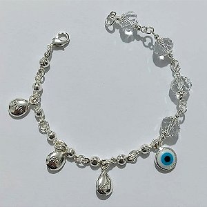 PULSEIRA FOLHEADA A PRATA COM 50 MILÉSIMOS + VERNIZ DIAMOND - PULSEIRA COM CRISTAIS, PINGENTES COM PALAVRA ABRAÇO E OLHO GREGO - TAMANHO: 19CM - PRA1006