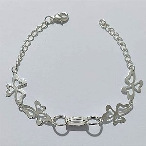 PULSEIRA FOLHEADA A PRATA COM 50 MILÉSIMOS + VERNIZ DIAMOND - PULSEIRA COM ELEMENTOS VAZADOS E FLORES - TAMANHO: 19CM - PRA1015