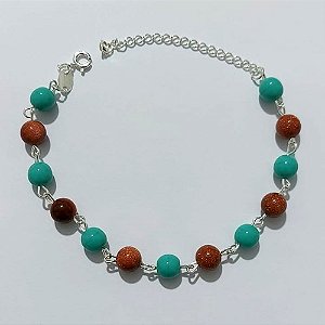 PULSEIRA FOLHEADA A PRATA COM 50 MILÉSIMOS + VERNIZ DIAMOND - PULSEIRA COM ESFERAS AZUIS E MARROM - TAMANHO: 19CM + EXTENSOR - PRA1018