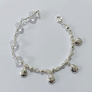 PULSEIRA FOLHEADA A PRATA COM 50 MILÉSIMOS + VERNIZ DIAMOND - PULSEIRA COM ACRÍLICOS E PINGENTES GOTAS COM PALAVRAS - TAMANHO: 19CM - PRA1022