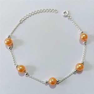 PULSEIRA FOLHEADA A PRATA COM 50 MILÉSIMOS + VERNIZ DIAMOND - PULSEIRA COM PÉROLAS DOURADAS - TAMANHO: 20CM + EXTENSOR - PRA1024
