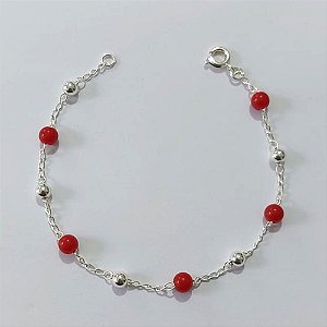 PULSEIRA FOLHEADA A PRATA COM 50 MILÉSIMOS + VERNIZ DIAMOND - PULSEIRA COM MIÇANGAS VERMELHAS E ESFERAS - TAMANHO: 18CM - PRA1031