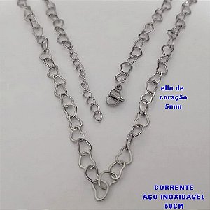 CORRENTE EM AÇO INOXIDAVEL - ELLOS EM CORAÇÃO DE 5MM - TAMANHO 50CM+EXTENSOR - COM FECHO LAGOSTA - AÇO1458
