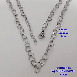 CORRENTE EM AÇO INOXIDAVEL - ELLOS EM CORAÇÃO DE 5MM - TAMANHO 60CM+EXTENSOR - COM FECHO LAGOSTA - AÇO1469