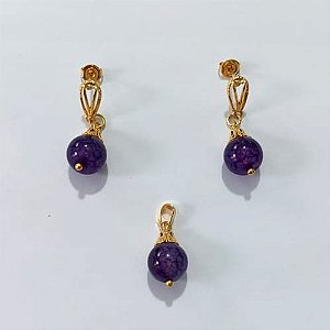 CONJUNTO FOLHEADO A OURO - BANHADO COM 5 MILÉSIMOS + VERNIZ DIAMOND - CONJUNTO SEM CORRENTE VENEZIANA 45CM E BRINCOS E PINGENTE PÉROLA ROXA 10MM - OURO1412