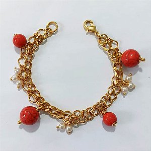 PULSEIRA FOLHEADA A OURO - BANHADA COM 5 MILÉSIMOS + VERNIZ DIAMOND - PULSEIRA DUPLA 17CM COM PÉROLAS - OURO1417