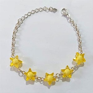 PULSEIRA FOLHEADA A PRATA COM 50 MILÉSIMOS + VERNIZ DIAMOND - PULSEIRA COM ESTRELAS AMARELAS 16CM + EXTENSOR - PRA1054