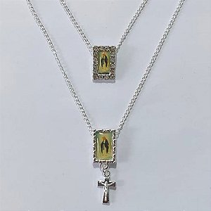 ESCAPULÁRIO FOLHEADO A PRATA COM 50 MILÉSIMOS + VERNIZ DIAMOND - ESCAPULÁRIO COM ZIRCÔNIAS 60CM - PRA1055