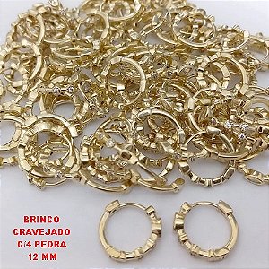 BRINCO NO BRUTO PRONTO PARA O BANHO (CX185) -BRINCO ARGOLINHA DE PRESSÃO(TRANQUETA)CRAVEJADO COM QUATRO OEDRA DE ZIRCONIA - TAMANHO 12MM / PESO TOTAL 1.5GR - BRU25835