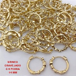 BRINCO NO BRUTO PRONTO PARA O BANHO (CX185) -BRINCO ARGOLINHA DE PRESSÃO(TRANQUETA)CRAVEJADO COM QUATRO OEDRA DE ZIRCONIA - TAMANHO 14MM / PESO TOTAL 1.8GR - BRU25836