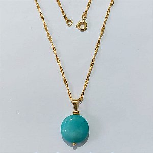 GARGANTILHA FOLHEADA A OURO - BANHADA COM 5 MILÉSIMOS + VERNIZ DIAMOND - GARGANTILHA COM CORRENTE SINGAPURA 45CM E PINGENTE EM PEDRA NATURAL 16MM - OURO1449