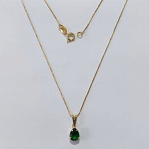 GARGANTILHA FOLHEADA A OURO - BANHADA COM 5 MILÉSIMOS + VERNIZ DIAMOND - GARGANTILHA COM CORRENTE 45CM E PINGENTE EM ZIRCÔNIA VERDE GOTA 7MM - OURO1450