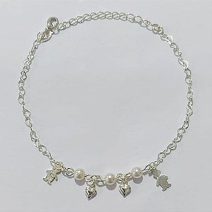 PULSEIRA FOLHEADA A PRATA COM 50 MILÉSIMOS + VERNIZ DIAMOND - PULSEIRA COM PÉROLAS E CRIANÇAS - TAM: 19CM + EXTENSOR - PRA1080