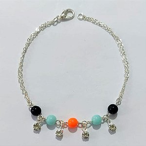 PULSEIRA FOLHEADA A PRATA COM 50 MILÉSIMOS + VERNIZ DIAMOND - PULSEIRA DUPLA COM ESFERAS COLORIDAS - TAM: 19CM - PRA1082