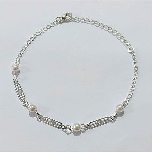 PULSEIRA FOLHEADA A PRATA COM 50 MILÉSIMOS + VERNIZ DIAMOND - PULSEIRA COM PÉROLAS - TAM: 18CM + EXTENSOR - PRA1088