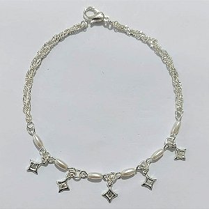 PULSEIRA FOLHEADA A PRATA COM 50 MILÉSIMOS + VERNIZ DIAMOND - PULSEIRA DUPLA COM PÉROLAS - TAM: 19CM - PRA1091