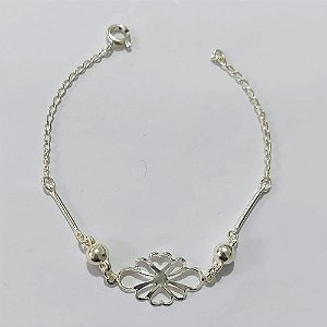 PULSEIRA FOLHEADA A PRATA COM 50 MILÉSIMOS + VERNIZ DIAMOND - PULSEIRA COM FLOR VAZADA - TAM: 19CM - PRA1092