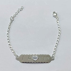 PULSEIRA FOLHEADA A PRATA COM 50 MILÉSIMOS + VERNIZ DIAMOND - PULSEIRA COM PLAQUINHA PALAVRA I LOVE YOU - TAM: 15CM + EXTENSOR - PRA1093