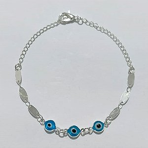 PULSEIRA FOLHEADA A PRATA COM 50 MILÉSIMOS + VERNIZ DIAMOND - PULSEIRA 20CM OLHOS GREGOS - PRA1108