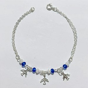 PULSEIRA FOLHEADA A PRATA COM 50 MILÉSIMOS + VERNIZ DIAMOND - PULSEIRA 18CM COM MIÇANGAS E AVIÕES - PRA1109