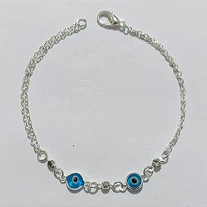PULSEIRA FOLHEADA A PRATA COM 50 MILÉSIMOS + VERNIZ DIAMOND - PULSEIRA DUPLA 19CM COM OLHOS GREGOS - PRA1115