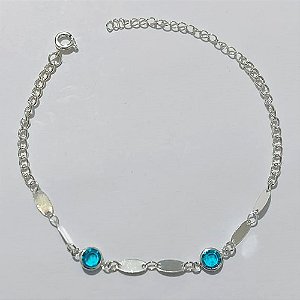 PULSEIRA FOLHEADA A PRATA COM 50 MILÉSIMOS + VERNIZ DIAMOND - PULSEIRA 18CM + EXTENSOR COM CRISTAIS ACRÍLICOS AZUIS - PRA1117