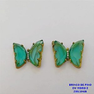 BRINCO NO BRUTO PRONTO PARA O BANHO(CX39)- BRINCO DE BORBOLETA DE VIDRO E ZIRCONIA /BRINCO DE PINO TAMAMANHO 18MM / PESO TOTAL 5,9GR - BRU25888