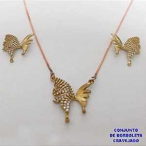 CONJUNTO BRINCO BRUTO PRONTO PARA O BANHO(CX186) - CONJUNTO COM CORRENTE VENEZIANA DE 45CM COM PINGENTE E BRINCO DE BORBOLETA CRAVEJADO (PESO 5.8GR) - BRU25931