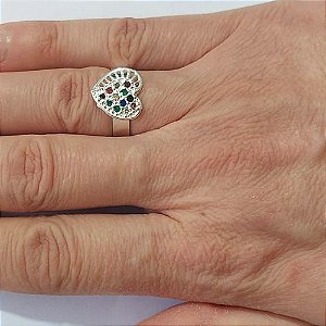 ANEL FOLHEADO A PRATA COM 50 MILÉSIMOS + VERNIZ DIAMOND - ANEL AJUSTÁVEL FORMATO CORAÇÃO VAZADOS COM MICRO ZIRCÔNIAS - PRA1141