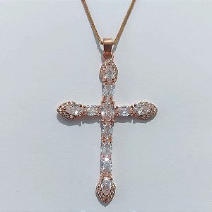 GARGANTILHA NO BRUTO PRONTA PARA O BANHO(CX122) - GARGANTILHA 45CM COM PINGENTE CRUCIFIXO CRAVEJADO EM ZIRCÔNIAS 40MM - PESO 5,2GR - BRU27064