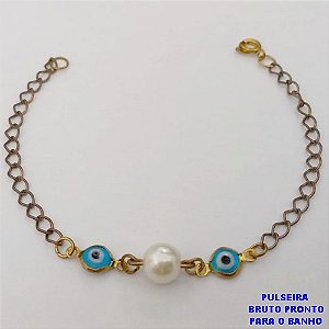 PULSEIRA NO BRUTO PRONTO PARA O BANHO -(CX186) PULSEIRA SIMPLES E DELICADA COM PEROLAS E OLHO GREGO DE 18CM (PESO 1.9GR - BRU25965
