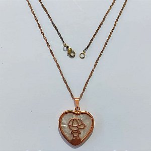 GARGANTILHA NO BRUTO PRONTA PARA O BANHO(CX187) - GARGANTILHA COM CORRENTE 45M E PINGENTE CORAÇÃO COM MENINO 24MM - PESO: 4,3GR - COMPOSIÇÃO LATÃO / ZIRCÔNIA - BRU27106