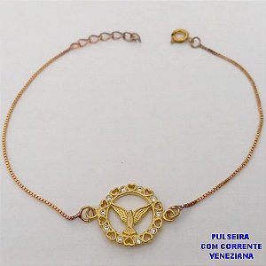 PULSEIRA NO BRUTO PRONTO PARA O BANHO (CX189) -PULSEIRA COM CORRENTE VENEZIANA E MEDALHA DO ESPIRITO SANTO CRAVEJADA TAMANHO 18CM / PESO TOTAL 2.2GR - BRU26054