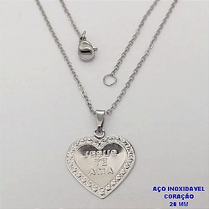 CORRENTE EM AÇO INOXIDAVEL(AÇO34)(CX189) DE 50CM COM FECHO LAGOSTA (LARGURA 1,5MM) PINGENTE DE CORAÇÃO DE 20MM(JESUS TE AMA) AÇO25065