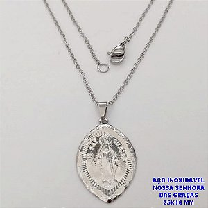 CORRENTE EM AÇO INOXIDAVEL(AÇO34)(CX189) DE 50CM COM FECHO LAGOSTA (LARGURA 1,5MM) PINGENTE DE 25X16MM(NOSSA SENHORA DAS GRAÇAS) AÇO25066