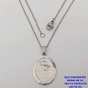 CORRENTE EM AÇO INOXIDAVEL(AÇO34)(CX189) DE 50CM COM FECHO LAGOSTA (LARGURA 1,5MM) PINGENTE DE 26X18MM(SANTO EXPEDITO) AÇO25067