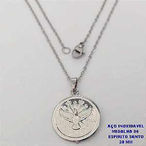 CORRENTE EM AÇO INOXIDAVEL(AÇO34)(CX189) DE 50CM COM FECHO LAGOSTA (LARGURA 1,5MM) PINGENTE DE 20MM (MEDALHA DO ESPIRITO SANTO DUPLA) AÇO25068