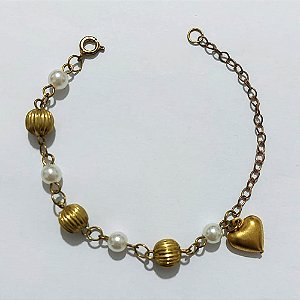 PULSEIRA NO BRUTO PRONTA PARA O BANHO(CX190) - PULSEIRA 17CM - COM CORAÇÃO E ESFERAS E PÉROLAS - PESO 3GR - COMPOSIÇÃO: 100% LATÃO - BRU27169
